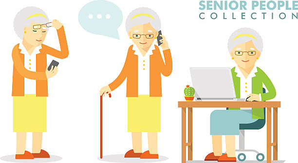 ilustrações, clipart, desenhos animados e ícones de conceito de social-old mulher usando computador e celular - old mobile phone telephone obsolete