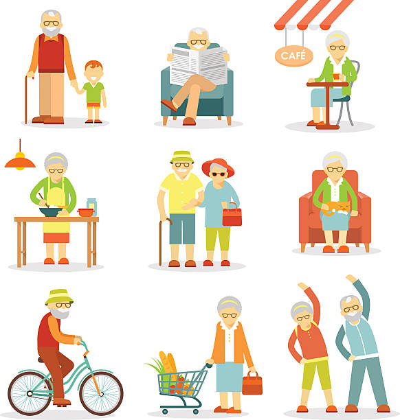 ilustrações, clipart, desenhos animados e ícones de velho conjunto de pessoas em situações diferentes - senior adult couple mature adult bicycle