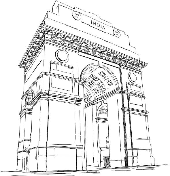 illustrazioni stock, clip art, cartoni animati e icone di tendenza di india cancello vettoriale illustrazione schizzo guerra memoriale, nuova delhi, india - india new delhi architecture monument