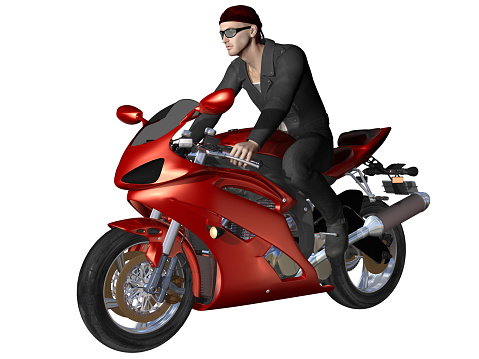 Young handsome biker riding red motorcycle isolated on white. 3d render.