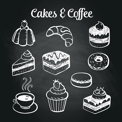 Coffee and desserts doodles on a chalkboard. Can be used as menu board for restaurant or bars.