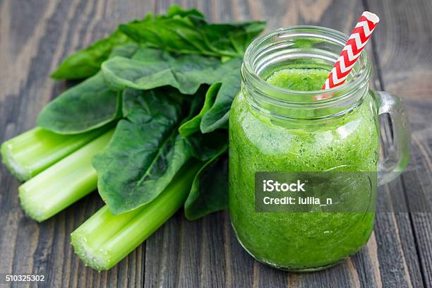 Green Smoothie With Celery Cucumber Spinach Apple Lemon In Glass Stock Photo - Download Image Now