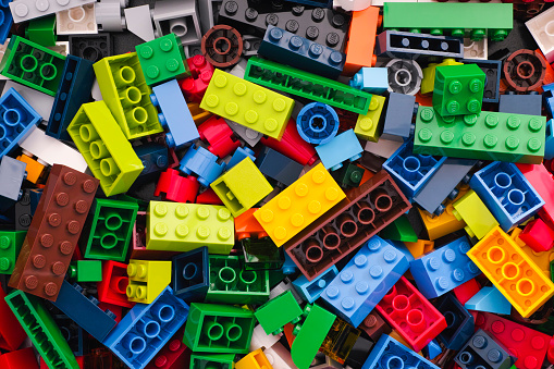 Tambov, Russian Federation - March 24, 2015: Heap of multicolor Lego Blocks. Studio shot.