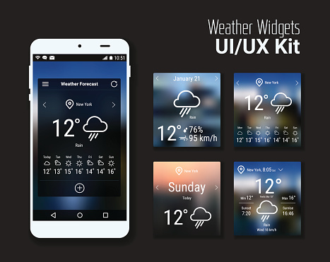 Trendy mobile app weather widgets UI kit, on blurred background, with smartphone mockup and bold line icons