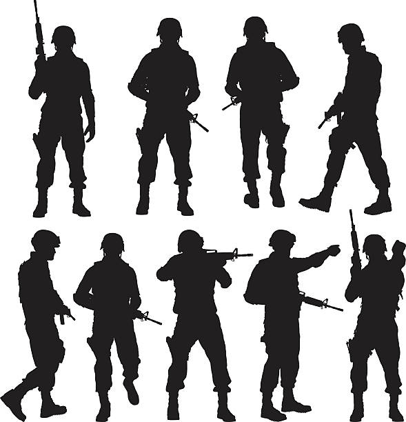 ilustraciones, imágenes clip art, dibujos animados e iconos de stock de policía en diversas acciones - personal militar