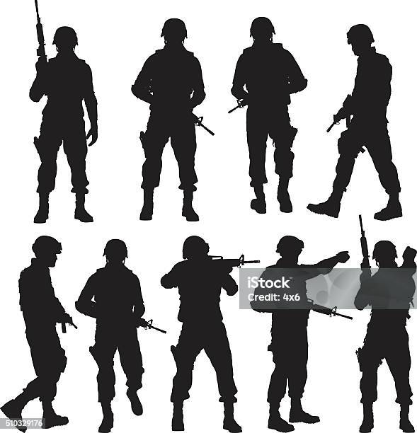Police In Various Actions Stock Illustration - Download Image Now - Armed Forces, In Silhouette, Military