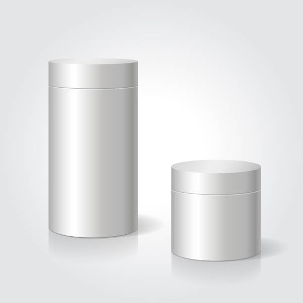 реалистичные пустой белый пакет коробки макет вверх в рекламных товаров - cylinder box packaging three dimensional shape stock illustrations