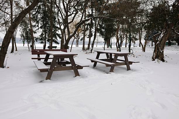 istock Snow Covered Picnic Tables In The Park 510331122