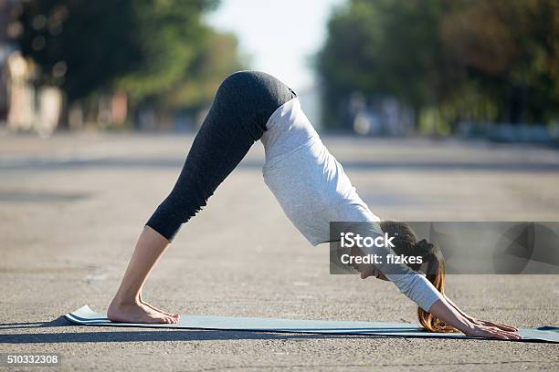 Street Yoga Downward Facing Dog Pose Stock Photo - Download Image Now - Downward Facing Dog Position, Yoga, Activity