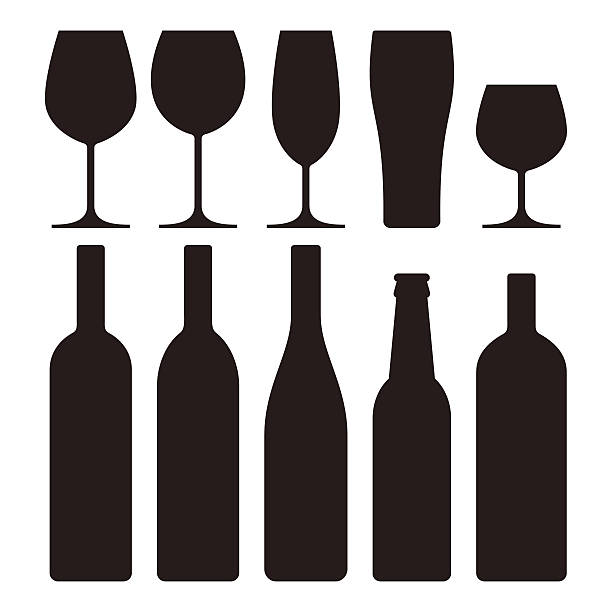 flaschen und gläser set - wineglass stock-grafiken, -clipart, -cartoons und -symbole