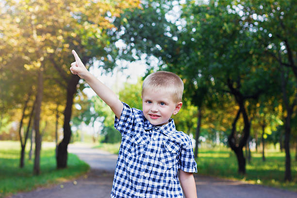 istock little smiling boy showing a forefinger (pointing up) the sun 510356201