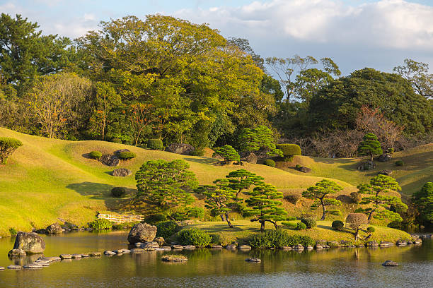 Suizenji Garden - Traditional japanese garden in Kumamto city, Japan. Fuji Mountain replica in the background.