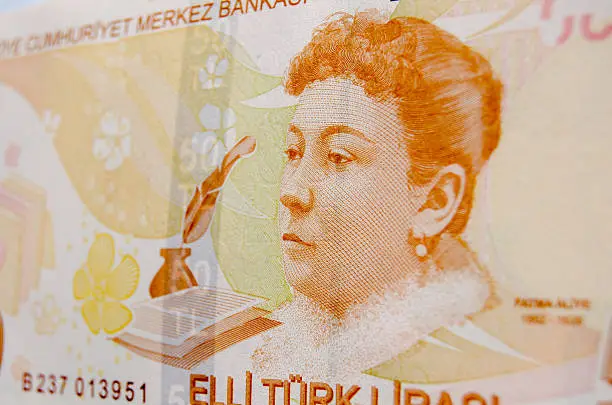The Ottoman novelist Fatma Aliye on a Turkish banknote worth fifty Lira.Used banknote photographed at an angle.
