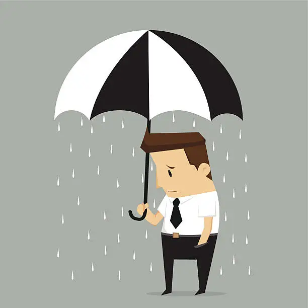 Vector illustration of Unlucky businessman being wet from raining instead he holding um