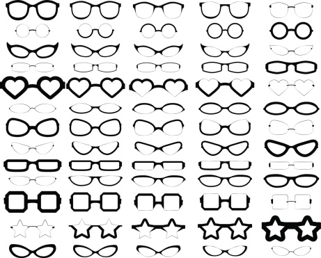 A collection of 65 various styles of glasses in solid black.