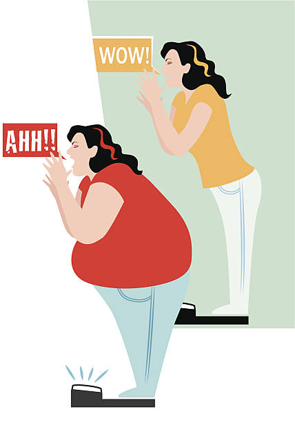 two women weigh themselves on the scale vector art illustration