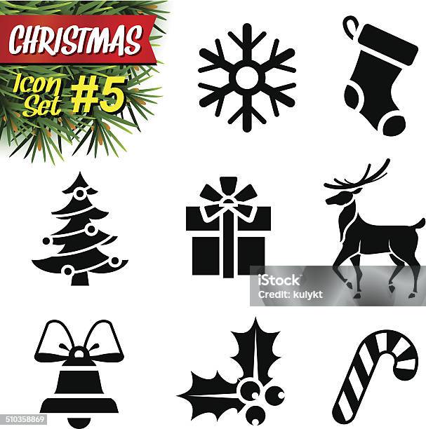 Set Of Blackandwhite Christmas Icons Stock Illustration - Download Image Now - In Silhouette, Deer, New Year's Day