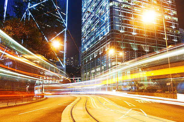 istock light trails on the modern building background in HongKong 510373149
