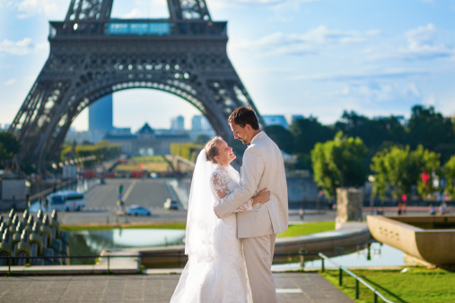 Beautiful just married couple in Paris near the Eiffel tower