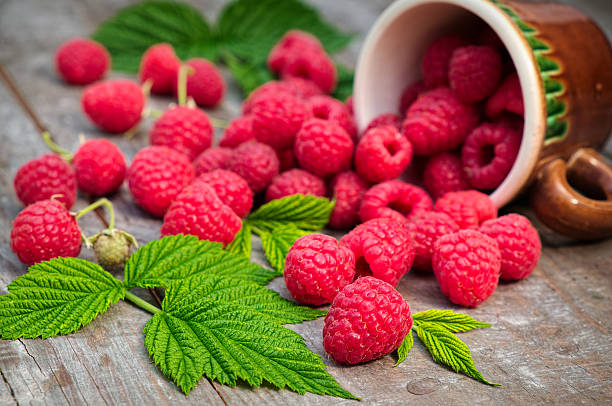 istock Red ripe raspberries on a wooden background 510377221