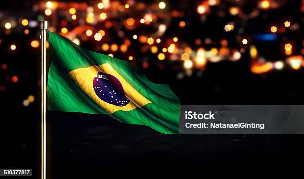 Brazil National Flag City Light Night Bokeh Background 3d Stock Photo - Download Image Now