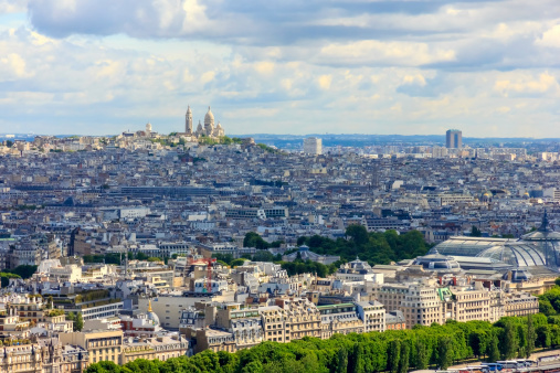 View of Paris, the hill Montmartre and the Sacre Coeur Basilica and from the Eiffel tower