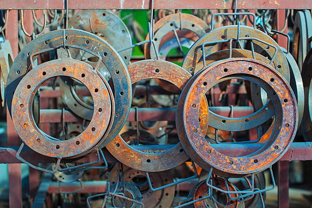 istock Steel rusted flanges in warehouse 510378787
