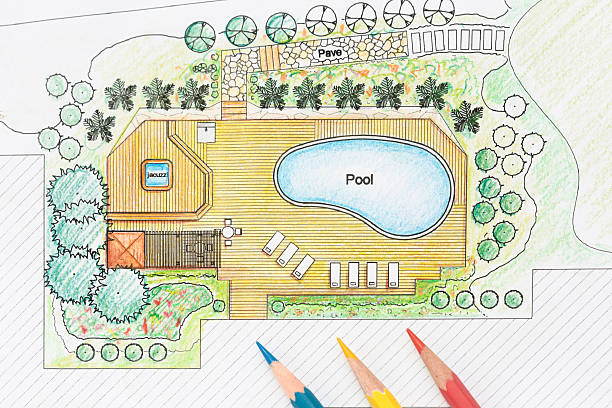 architetto paesaggista design piscina di villa di lusso. - fountain formal garden ornamental garden water foto e immagini stock