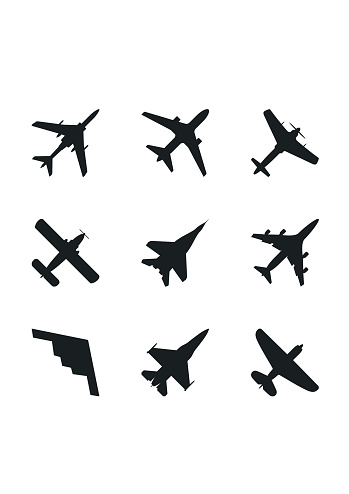 Airplane icons set: passenger plane, fighter plane and screw. Vector Illustration.