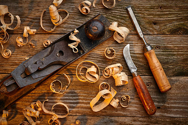 woodworking an overhead view of woodworking tools carving stock pictures, royalty-free photos & images