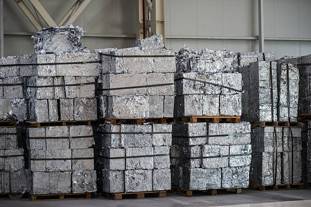 Stacks of aluminium blocks at recycling yard stock photo