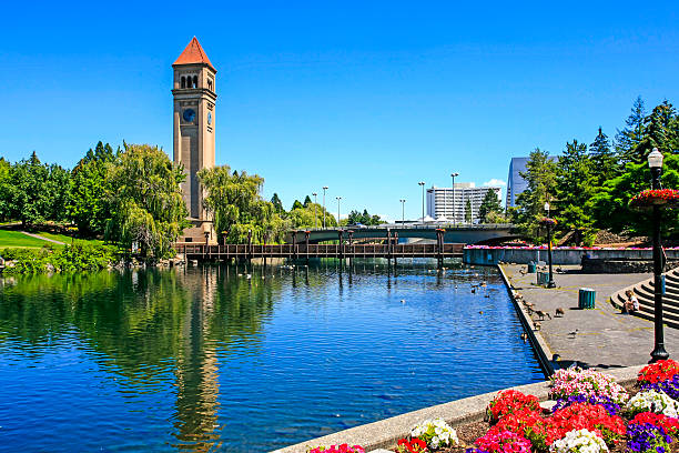 Great Northern clock tower in Riverfront Park, Spokane, Washington stock photo