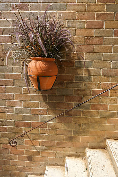 suspendu un vase de sec pennisetum sur un mur de briques vintage - flower pot vase purple decor photos et images de collection