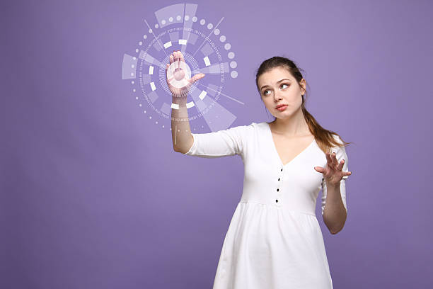 istock Future technology. Woman working with futuristic interface 510389678