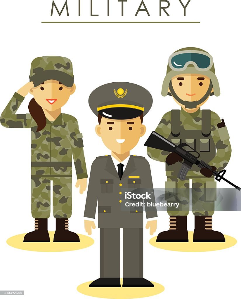 Soldier man and woman in different military uniform Soldier and officer man and woman in camouflage uniform in flat style Armed Forces stock vector