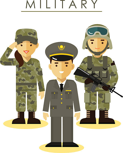Soldier man and woman in different military uniform Soldier and officer man and woman in camouflage uniform in flat style infantry stock illustrations