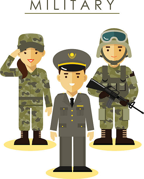 Soldier man and woman in different military uniform Soldier and officer man and woman in camouflage uniform in flat style officer boots stock illustrations