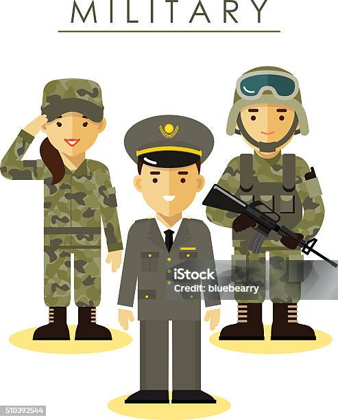 Soldier Man And Woman In Different Military Uniform Stock Illustration - Download Image Now