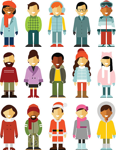 People winter characters stand set isolated on white background Different winter people smiling characters isolated on white background african american male model stock illustrations