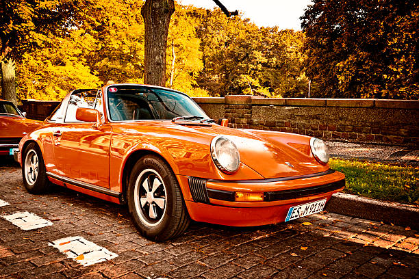 Szczecin, Poland - August 30, 2014: Renovated old classic Porsche 911 Targa sports car parked on a street in the Szczecin city center. Classic Porsche 911 Targa was produced from 1964 to 1989