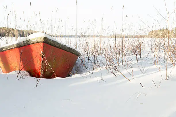 Rowboat covered in Snow by lake.