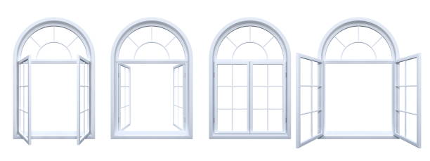 Collection of isolated white arched windows 3D render of isolated white arched open windows window frame stock pictures, royalty-free photos & images