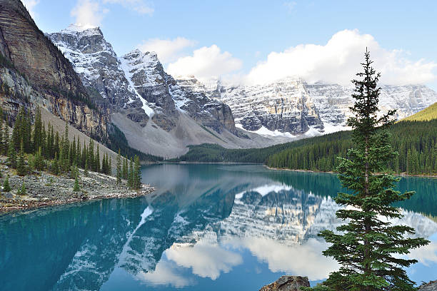 Moraine Lake Landscape featuring Moraine Lake from Banff National Park. boreal forest stock pictures, royalty-free photos & images