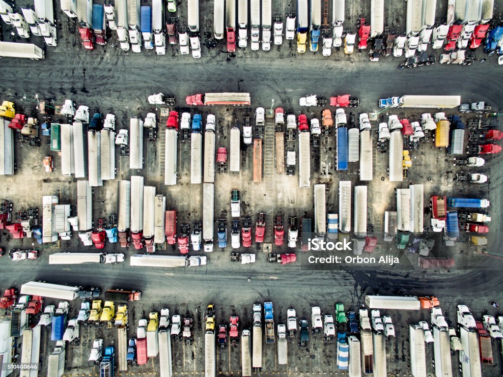 Aerial view of trucks and trailers Aerial view of trucks and trailers  Aerial View Stock Photo