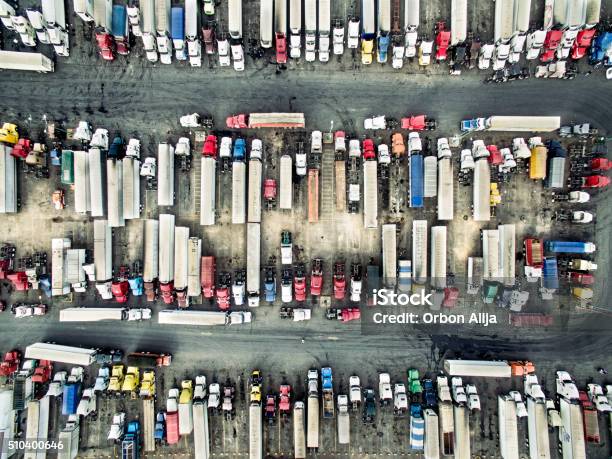 Aerial View Of Trucks And Trailers Stock Photo - Download Image Now - Aerial View, Truck, Trucking