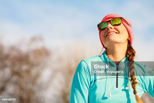 Female Fitness Sport Model Outdoor In Cold Winter Weather Stock Photo - Download Image Now