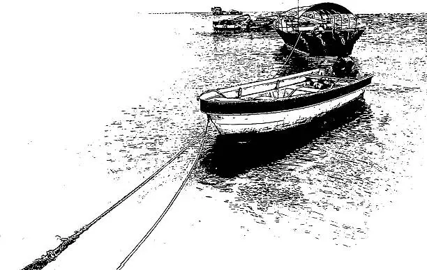 Vector illustration of Fishing Boats At The Mercado de Mariscos fish market