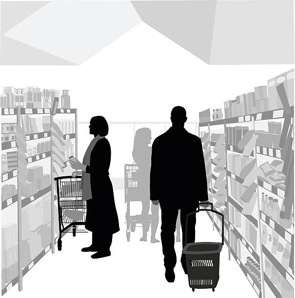 Health Food Store A vector silhouette illustration of a grocery store isle with people shopping.  A woman selects items from  the shelf to put in her cart.  A man walks dragging a basket. supermarket aisles vector stock illustrations