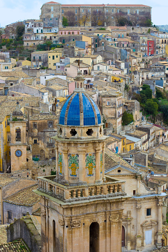 A panorama of Ragusa Ibla, a village in Southeast Sicily, Italy. The bell tower in the foreground belongs to the church of Santa Maria dell'Itria. Ragusa Ibla is a UNESCO World Heritage Site, part of the Val di Noto group.