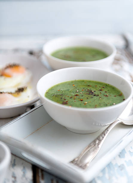 watercress soup watercress soup with poached eggs watercress stock pictures, royalty-free photos & images